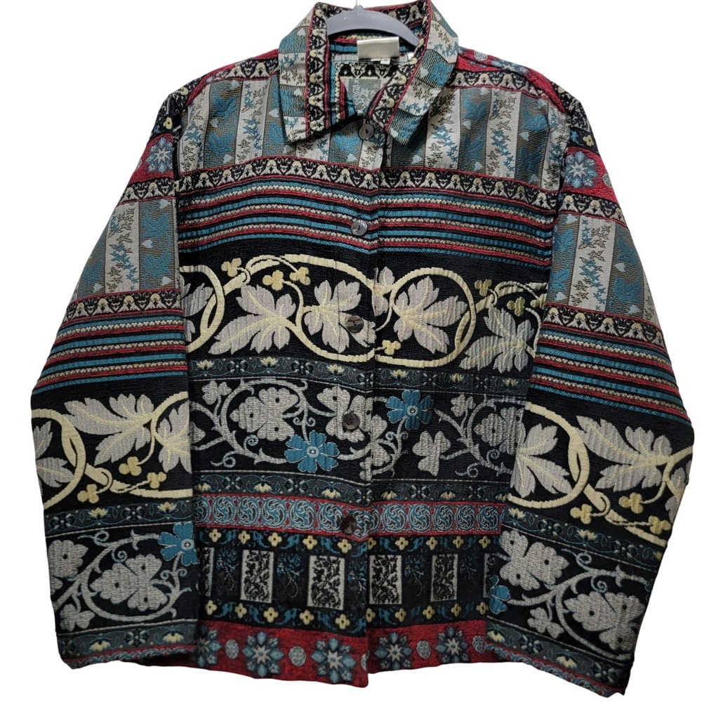 Vintage Tapestry Jacket Womens Chico's Floral Woven Button Up Boho Blazer Size 1